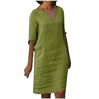 Cotton Linen Dresses for Women Casual Summer Knee-Length Dress 2023 Fashion Print Sundress 3/4 Sleeve V Neck Dress