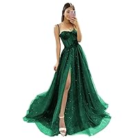 Lace Prom Dresses Long Sparkly Ball Gowns Spaghetti Straps Formal Evening Dresss with Slit