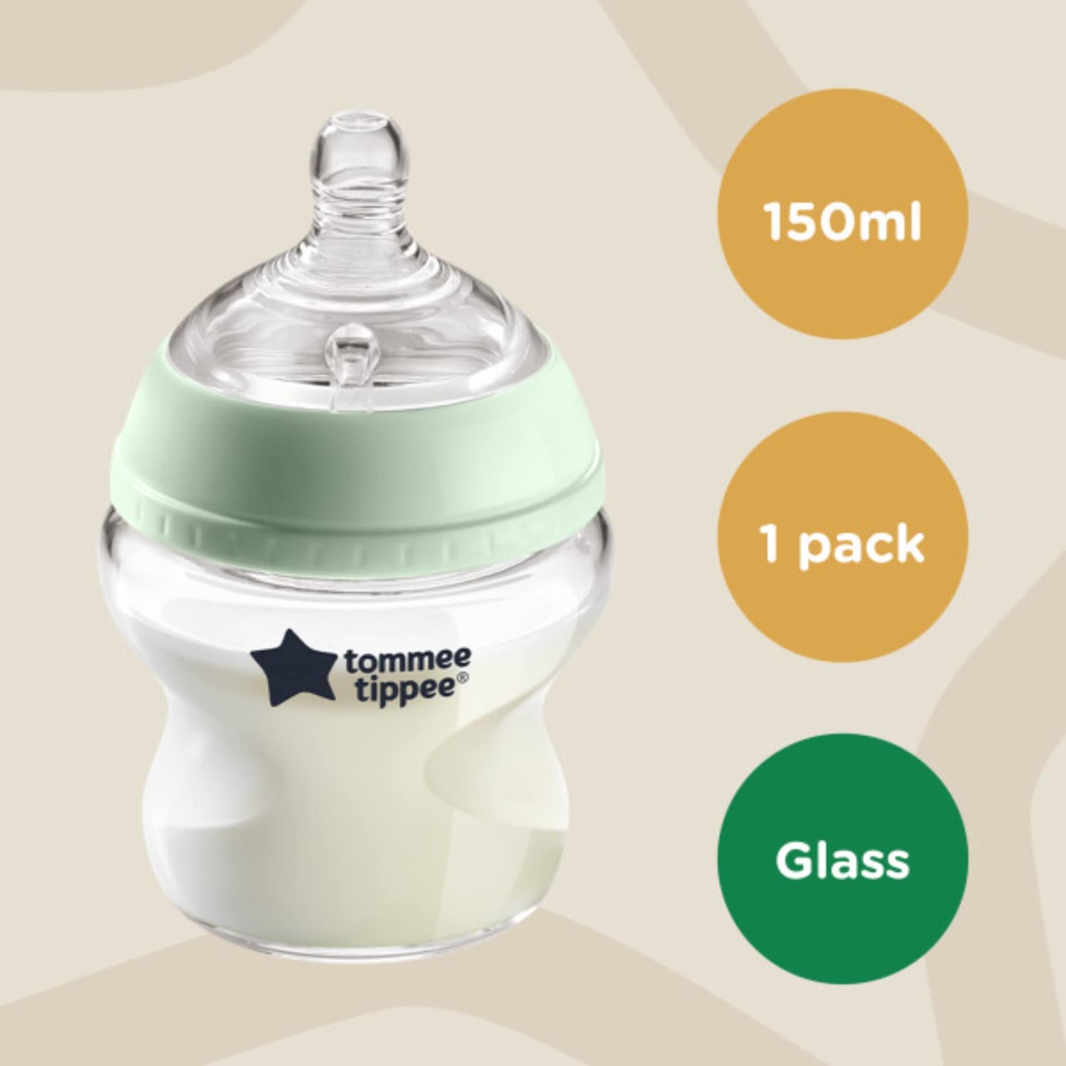 Tommee Tippee Babyflasche aus Glas Closer to Nature, Ventil Anti-Kolik, Superweicher Sauger, 0+ Monate, 150ml