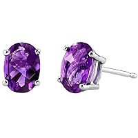 Peora Solid 14K White Gold Amethyst Earrings for Women, Genuine Gemstone Birthstone Solitaire Studs, 7x5mm Oval Shape, 1.50 Carats total, Friction Back