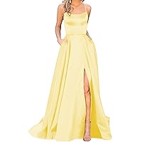 Women's Satin Prom Dresses Long Ball Gown with Slit Backless Spaghetti Straps Halter Formal Evening Party Dress (Yellow,16,US,Numeric,16,Regular,Regular)
