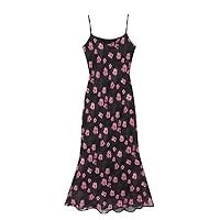 Clothes Women Dress Size pink8 V-Neck Print Mermaid Strap One-