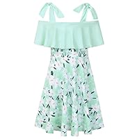 Mirawise Girl's Tie Shoulder Sleeveless Ruffle Summer Casual Cotton Sundress A-line Swing Dress for 4-12 Years Kids
