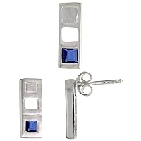 Sterling Silver Princess Cut CZ Bar Stud Earrings & Pendant Set Assorted colors for women Brushed finish
