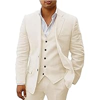 Mi Bo Tong Mens Linen Suits 3 PC Summer Beach Wedding Tuxedos Two Buttons Prom Suit Jacket Pants Set