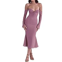 Women's Sexy Off Shoulder Long Sleeve Midi Dress Bodycon Low Cut Tie Up Party Dress Elegant Backless Formal Dress