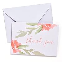 Peach Floral Watercolor Thank You Cards, Wedding Supplies, 5” x 3.5”, with 50 Blank Cards, 50 Envelopes