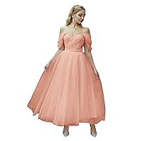 Tulle Tea Length Prom Dresses for Woman Off The Shoulder Beaded Puffy Formal Evening Party Dress
