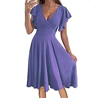 Women's Cocktail Dress Wrap V Neck Ruffle Short Sleeve A Line Work Formal Wedding Guest Midi Dress with Pockets