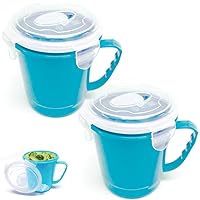2Pk 902mL Microwave Soup Bowl Lid Plastic Containers Mug Freezer Food Storage Soup Mugs, with Handle and Vented Plastic Lid Travel Cups for Coffee Cereal, Noodles and Tea Overnight Oats 30.5 oz Each,