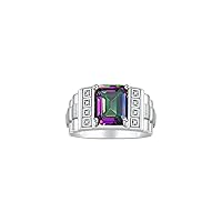 Rylos Men's Rings 14K White Gold Designer Style 10X8MM Emerald Cut Shape Gemstone & Sparkling Diamonds - Color Stone Birthstone Rings for Men, Sizes 8-13. Elegant Mens Jewelry