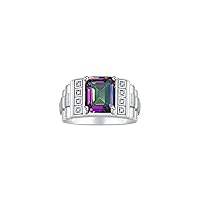 Rylos Men's Rings Designer Style 10X8MM Emerald Cut Shape Gemstone & Sparkling Diamonds - Color Stone Birthstone Rings for Men, Sterling Silver Rings in Sizes 8-13. Mens Jewelry