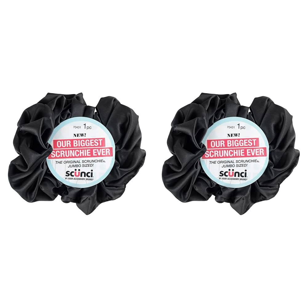 Scunci by Conair The Original Scrunchie Jumbo Size in Washable Black Nylon Silk-Like Fabric, Perfect for Wrist-to-Hair Versatility, 1 Count (Pack of 2)