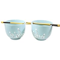 Set of 2 Japanese Porcelain Ceramic Bowls w Chopsticks for Ramen Soup Noodle Porridge Menudo Ramen Udon Pasta Cereal Ice cream Pho Rice Instant Noodle (White Flowers)