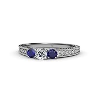 Blue Sapphire & Diamond Womens Milgrain Work 3 Stone Engagement Ring 0.54 ctw 925 Sterling Silver