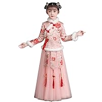 Girls' Chinese Style Hanfu Dresses,Cotton Thickened Chinese Knot Pendant Embroidered New Year Tang Suit.