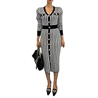 Chic Single-Breasted Women Houndstooth V-Neck Knitted Dress Ladies Long Sleeve Bodycon Slim Sweater Dress