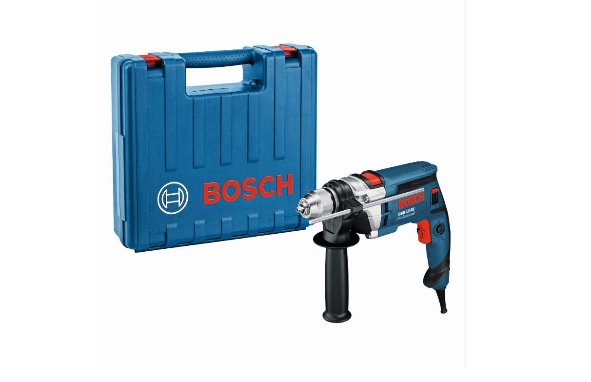 Bosch Professional GSB 16 RE Schlagbohrmaschine + Schnellspannbohrfutter 13 mm + Tiefenanschlag 210 mm + Zusatzhandgriff + Koffer (750 W)