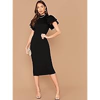 Fall Dresses for Women 2022 Layered Flutter Sleeve Split Back Bodycon Dress (Color : Black, Size : Large)