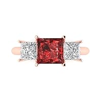 3.1 ct Princess Cut 3 Stone Solitaire W/Accent Natural Red Garnet Statement Anniversary Promise Wedding ring 18K Rose Gold