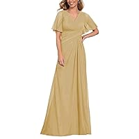 V Neck Mother of The Bride Dresses Ruffle Sleeves Chiffon Long Formal Evening Gowns Party Dress LYQ48