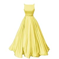 Long Prom Dresses with Pockets Satin Formal Beaded A-line Evening Gowns for Women Yellow Size 10