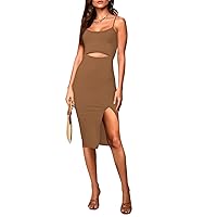 Pink Queen Women's Spaghetti Strap Cutout Side Slit Ribbed Knee Length Bodycon Midi Dress