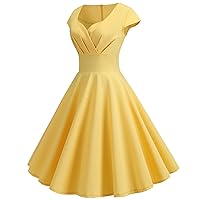 Women's Cap Sleeve Dresses 1950s Solid Retro Vintage Cocktail Swing Dress Hepburn Style Pleated Party Evening Gown