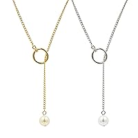2PCS Gold Silver Long Necklaces for Women Trendy,Pearl Pendant Chain Y Necklace Gold Choker Silver Satellite Pearl Circle Geometry Drop Long Necklace Minimalist for Women Gifts