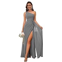 One Shoulder Bridesmaid Dresses for Wedding Ruched Chiffon Long Prom Formal Gown with Slit IIF085
