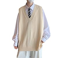 Men V-Neck Loose Solid Simple Korean Style College Couples Spring Knitted Sweater Vest