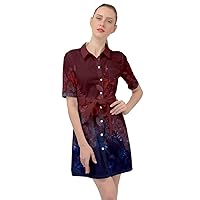 CowCow Womens Work Dresses Vintage Roses Floral Flowers Pattern Belted Shirt Dress, XS-3XL