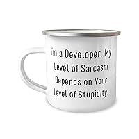 Fun Developer Gifts, I'm a Developer. My Level of Sarcasm Depends on, Birthday Gifts, 12oz Camper Mug For Developer from Boss, Developer mug, Mug gift, Gift for developer, Developers love coffee