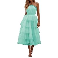 Women’s A Line Halter Neck Sleeveless Prom Dress, Tea Length Ruffles Tulle Formal Evening Party Gown