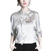 Femme Chinese Style Printing Silk Half Stand Collar Blouse Office Lady Women Shirts Simplicity Lacing Tops