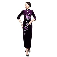 Velvet Cheongsam Chinese Dress Embroidery Qipao Long