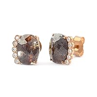 Oval Rough Gray Salt & Pepper Diamond & Natural SI Clarity G-H Color Diamond Solid 14K Yellow Gold Stud Earrings Fine Jewelry