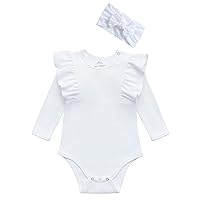 O2 BABY Organic Cotton Baby Girls Romper Long Sleeve Bodysuit for Newborn, Infant Jumpsuit with Headband Outfit Set