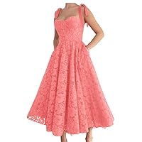 Lace Prom Dress for Women Tie Strap Elegant Floral A-Line Tea Length Midi Dresses for Cocktail Evening Party
