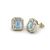 Emerald Cut Aquamarine Baguette Natural Diamond 1 1/3 ctw Women Milgrain Stud Earrings 14K Gold