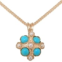 LBG 9ct Rose Gold Cultured Pearl & Turquoise Womens Vintage Pendant & Chain Necklace - Choice of Chain lengths