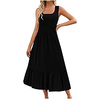 Women Sleeveless Maxi Dress Summer Casual Tiered A-Line Dresses Square Neck Swing Long Dress Flowy Beach Vacation Sundress Black
