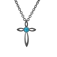 Round Cut 14K Gold Over Sterling Silver Swiss Blue Topaz Center Tapered Petal Cross Slider Pendant Necklace for Womens.