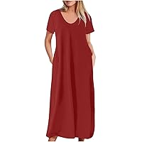 Women's Maxi Dresses Summer Short Sleeve Dress Plus Size Solid V Neck Long Dress Loose Fit Beach Sundresses Dresses