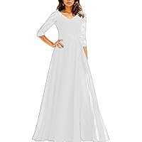 Plus Size Mother of The Bride Dresses for Wedding V-Neck Long Sequins Applique Chiffon Formal Evening Gowns with Sleeves White