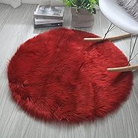 Modern Faux Fur Round Area Rug, Bedroom Non-Slip Soft Fluffy Floor Carpet Washable Plush Rugs for Living Room Kids Room Cute Room Decor(Wine red,Diameter 40CM)