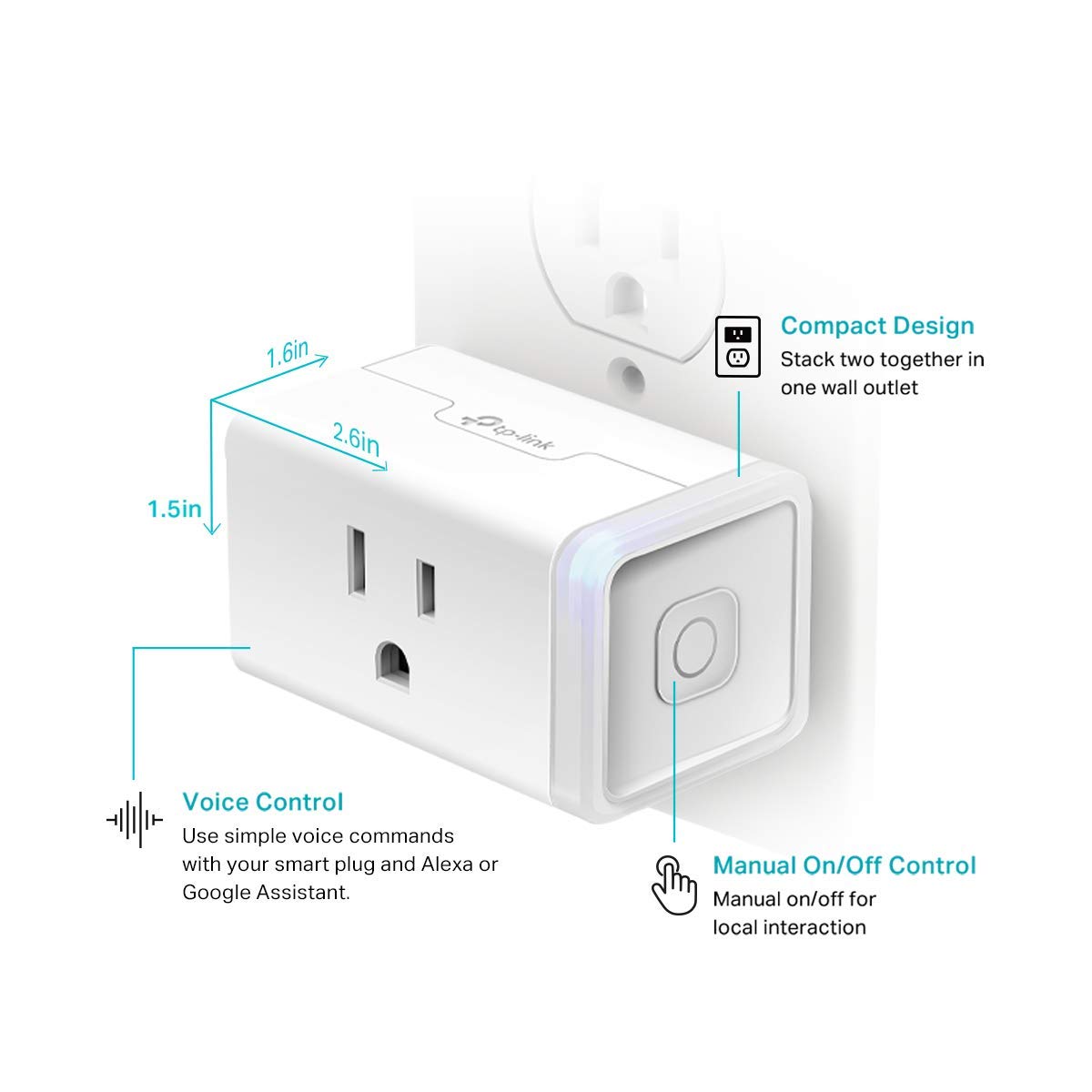 Kasa Smart Plug HS103P2, Smart Home Wi-Fi Outlet Works with Alexa, Echo, Google Home & IFTTT, No Hub Required, Remote Control,15 Amp,UL Certified, 2-Pack White