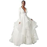 Women's Long Sleeve Beach Wedding Dress Ruffles Organza Princess Bride Gown