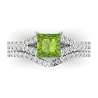 Clara Pucci 1.98ct Princess Cut Pave Solitaire W/Accent Genuine Green Peridot Curved Statement Bridal Ring Band Set 14k White Gold