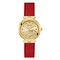 GUESS Women's 34mm Watch - Red Strap Champagne Dial Gold Tone Case